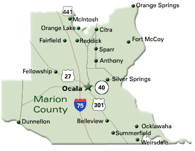 Map of Ocala Tree Service coverage across Marion County, Florida